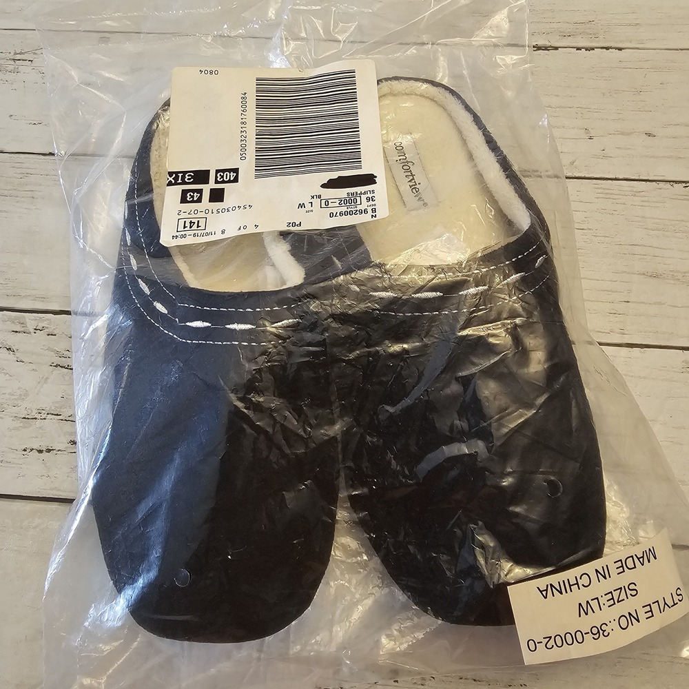 Comfortview Slippers Stitch Clog Shoes Womens Size Large‎ Black Faux Fur Indoor